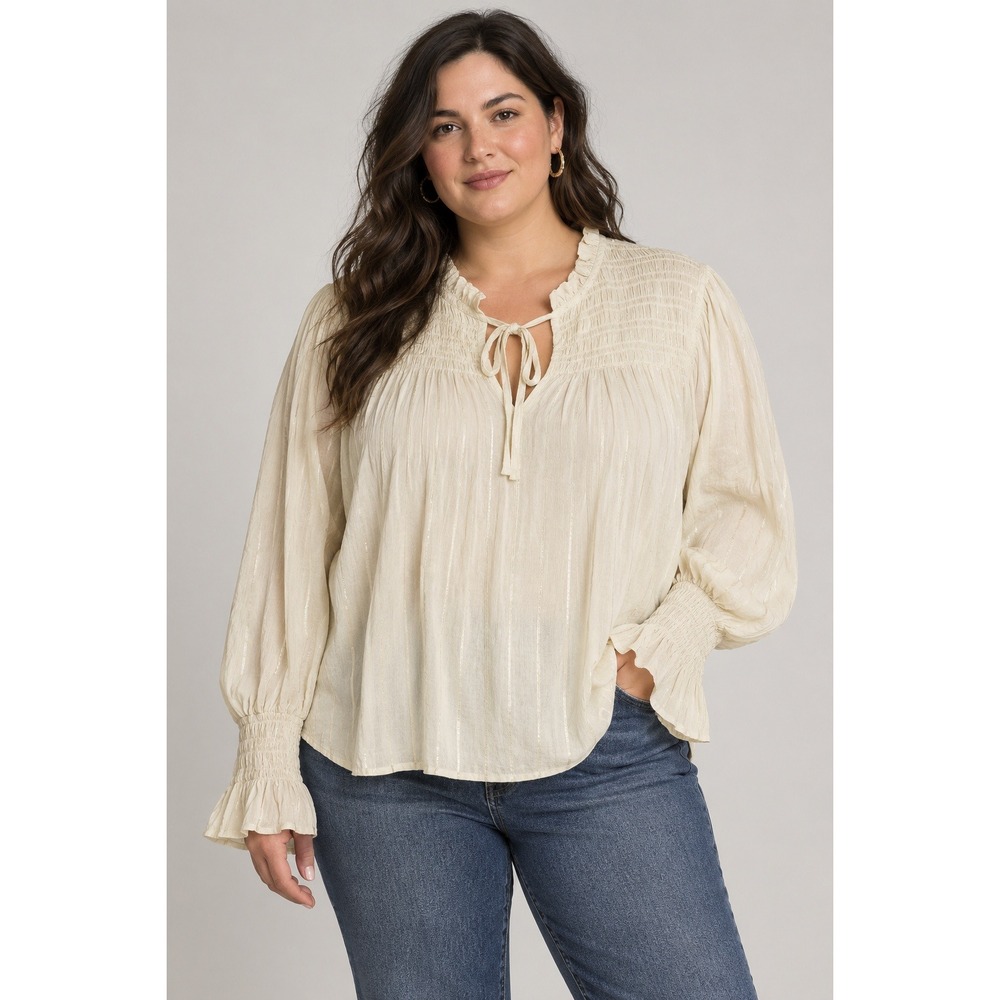 a.n.a Blouse Woman 3X Cream Metallic Stripe Peasant Boho Lurex